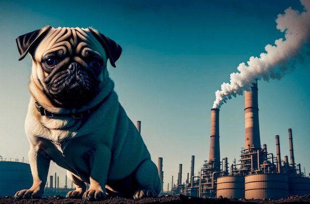 Pug on background of polluting industry Poor dog on walk with poisoned air Generative AI