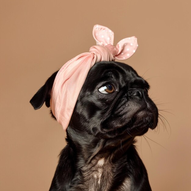 Photo pug breed dog dynamic pose with pink bandana on head