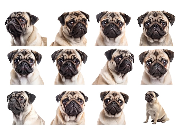 Pug collection isolated on white background with AI generated