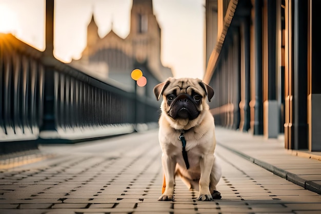 A pug dog on a dirt road with a green background