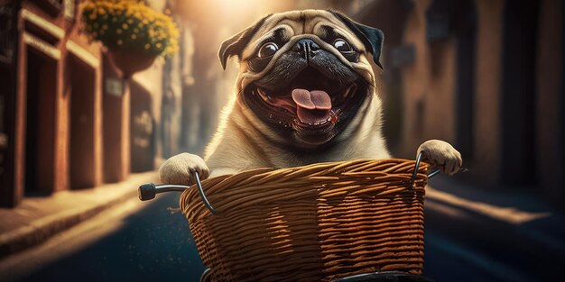 Pug dog have fun bicycle ride on sunshine day morning in summer on town street