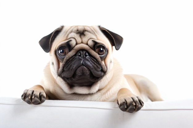 a pug dog is looking over a white wall