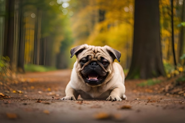 A pug dog is lying on a path in the woods.