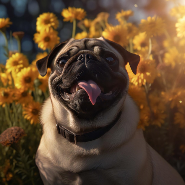 パグ犬が花の畑に座り太陽が照らしている