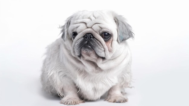 A pug dog is sitting on a white background.