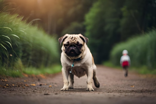 A pug dog is walking on a dirt road with a person in the background.