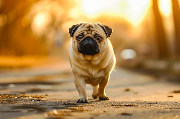 Pug dog is walking down road with trees in the background and the sun shining on it