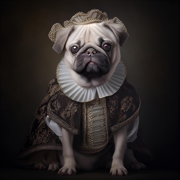 A pug dog is wearing a fancy dress and a cape.