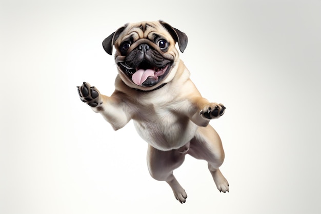 Photo pug dog jumping on a white background