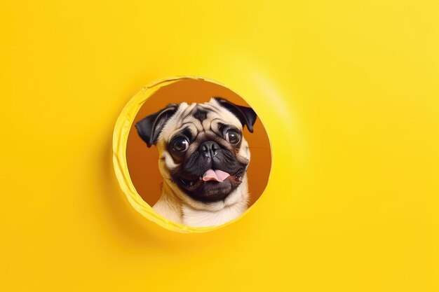 A pug dog looks through a hole in a yellow wall