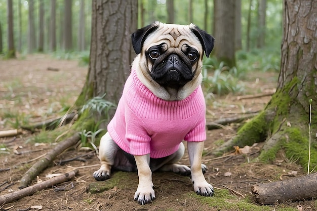 A pug dog in a pink sweater sits in the woods