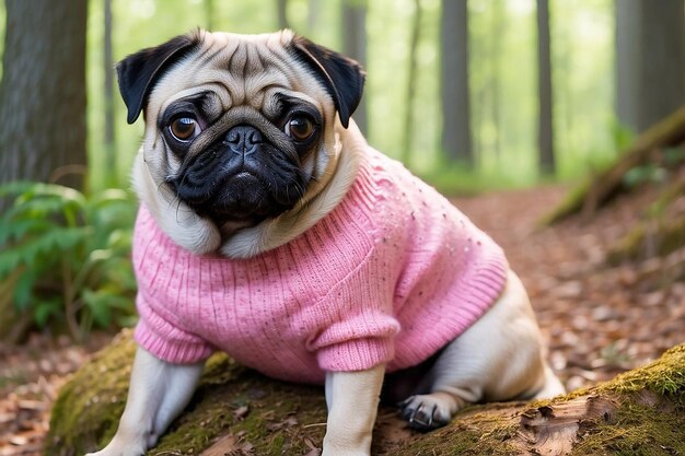 A pug dog in a pink sweater sits in the woods