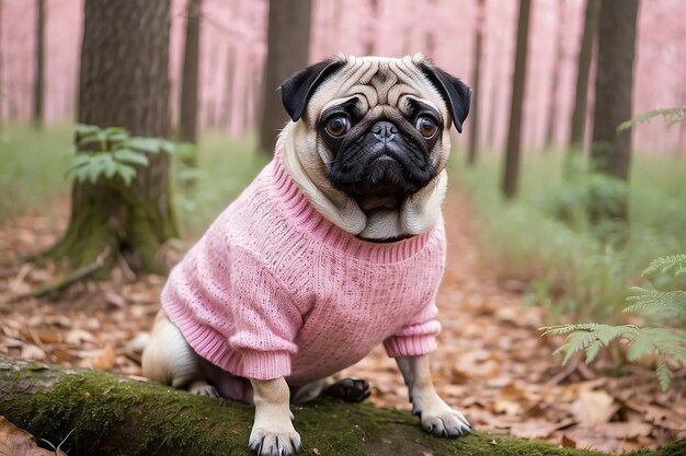 A pug dog in a pink sweater sits in the woods