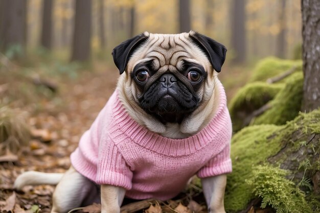 A pug dog in a pink sweater sits in the woods