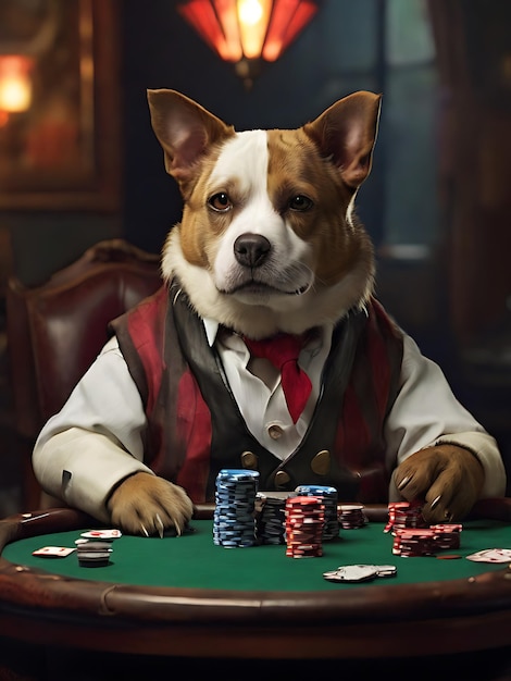 Foto il cane pug gioca a poker al tavolo del casinò.