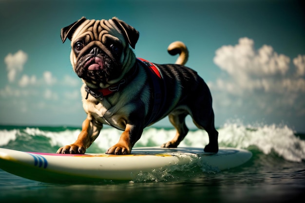 海でサーフボードに乗っているパグ犬