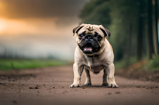 A pug dog on a road with a cloudy sky in the background