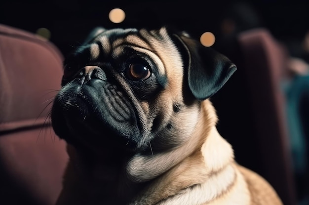 A pug dog sits in a chair with a dark background