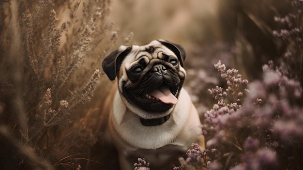 A pug dog sits in a field of flowers