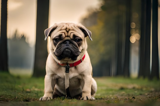 A pug dog sits in a park
