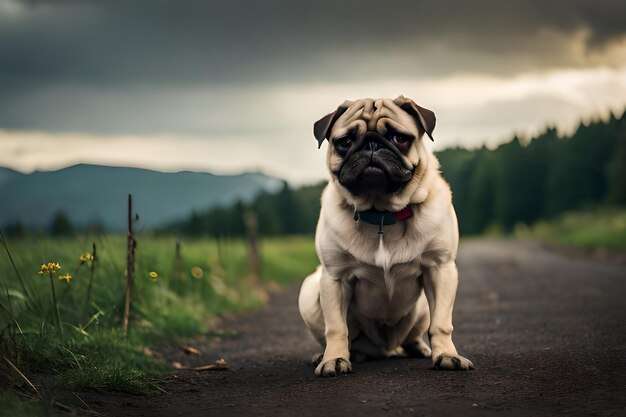 A pug dog sits on a road in front of a mountain.