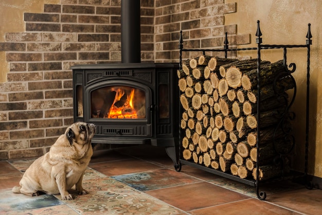 Pug dog sitting by the fireplace in the house