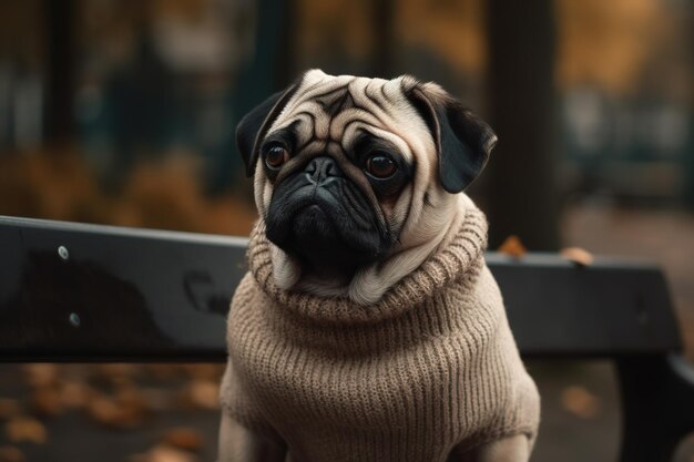 A pug dog in a sweater sits on a bench in a park.