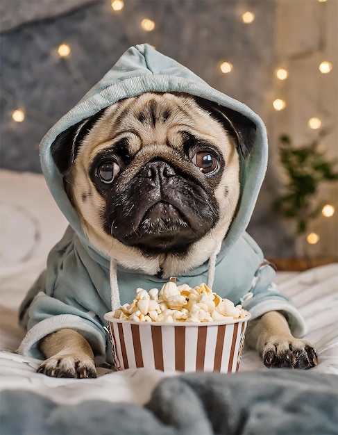 Foto un pug che indossa un cappuccio blu si siede su un letto con una ciotola di popcorn