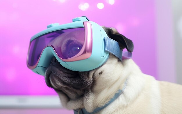 A pug dog wearing blue and pink goggles ai