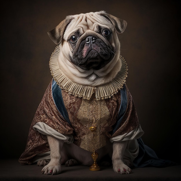 A pug dog wearing a dress and a cape.