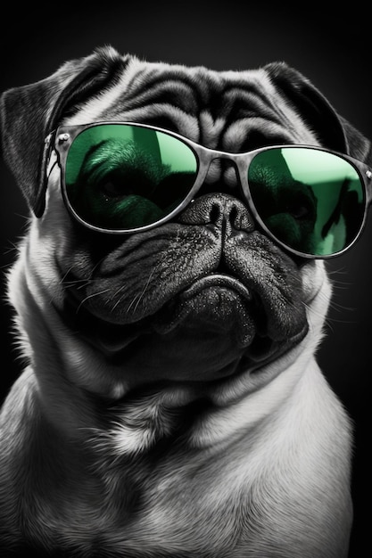 Premium Photo  A pug dog wearing a green sunglasses and a black hat.