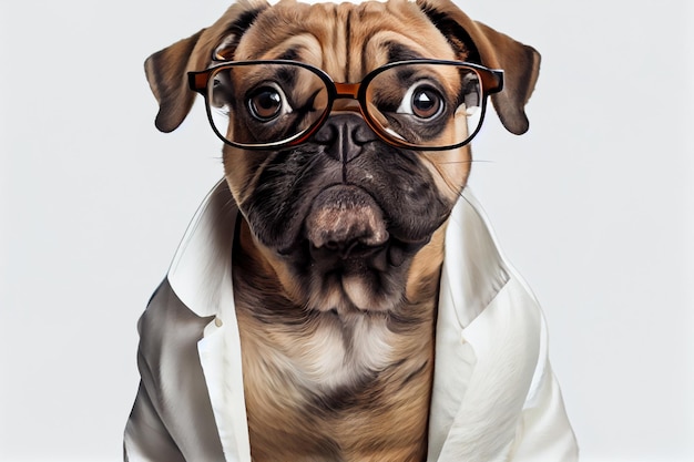 A pug dog wearing a lab coat and glasses