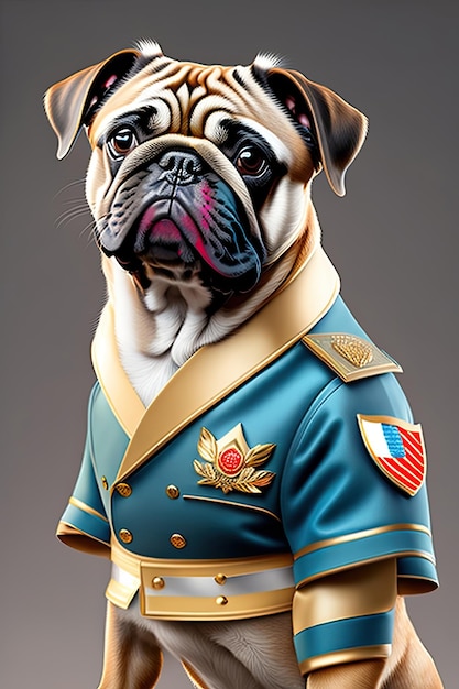 군복을 입은 푸그 개 투명한 배경에 고립된 개 옷에 있는 애완동물 초상화