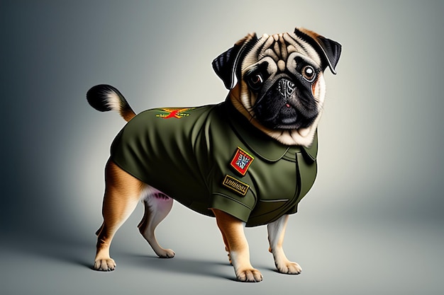 Pug dog wearing a military uniform Dog isolated on transparent background Pet portrait in clothing