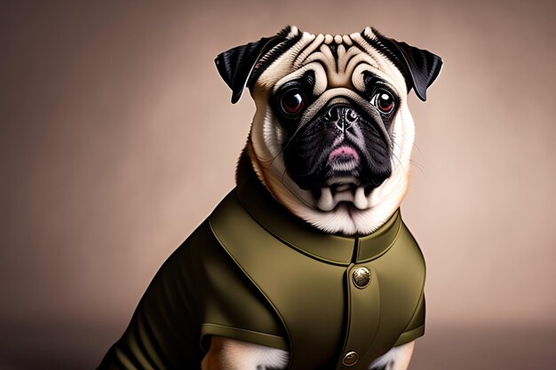 Pug dog wearing a military uniform Dog isolated on transparent background Pet portrait in clothing