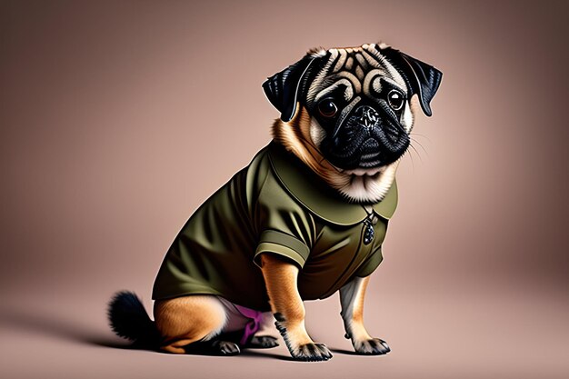 군복을 입은 퍼그 개 투명 배경에 고립 된 개 의류에 애완 동물 초상화