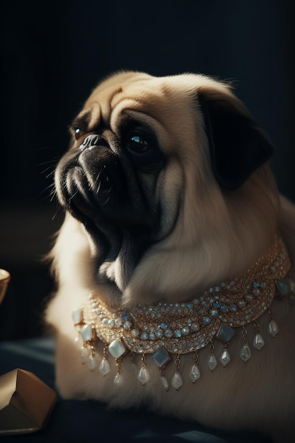 A pug dog wearing a necklace that says'i love dogs '