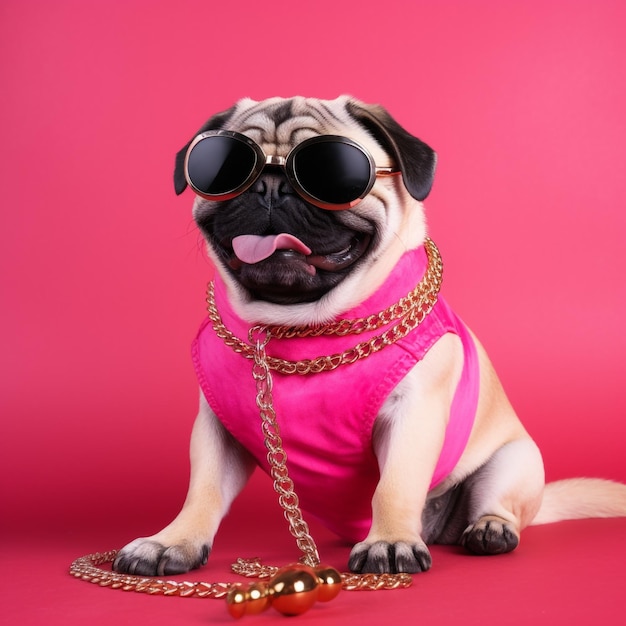 A pug dog wearing a pink shirt and sunglasses sits on a pink background.