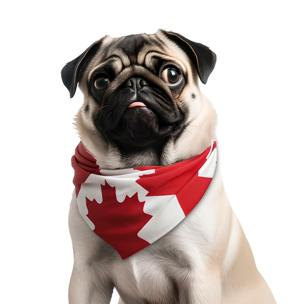 A pug dog wearing a red and white scarf with the flag of canada on it.