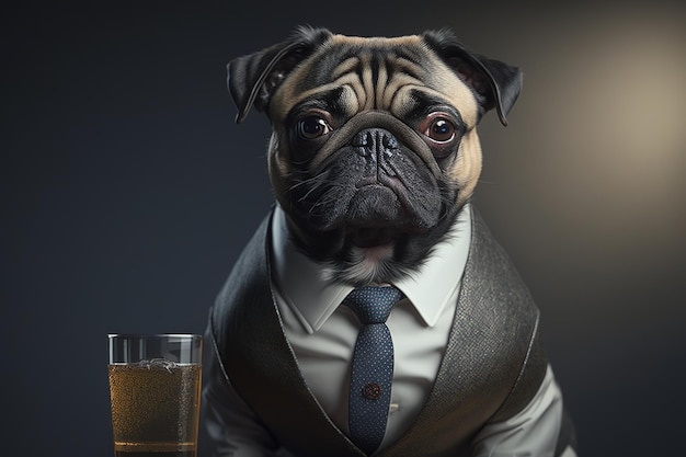 A pug dog wearing a suit and tie sits next to a glass of beer