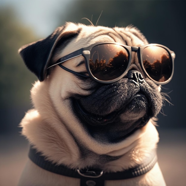 A pug dog wearing sunglasses and a collar with a black collar and a black collar.