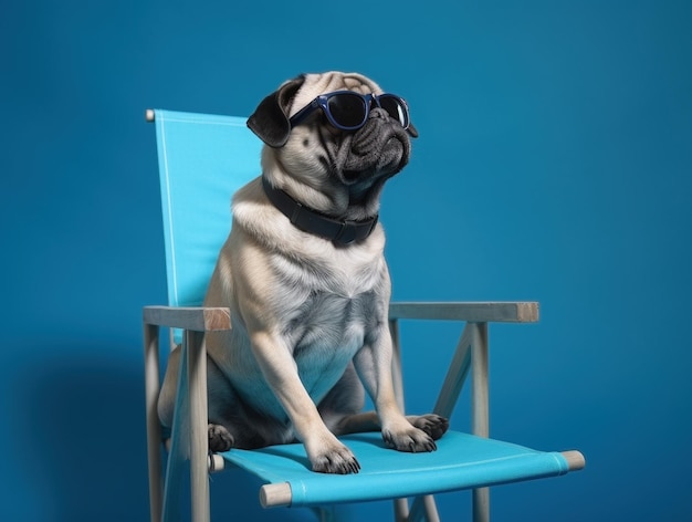 サングラスをかけ、青い折りたたみ椅子に座っているパグ犬