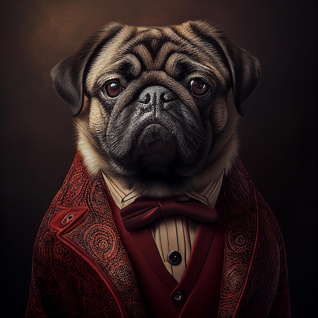 A pug dog wearing a tuxedo and a bow tie.