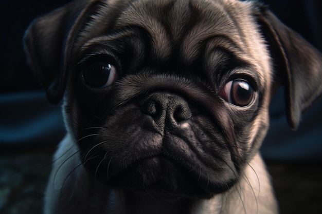 A pug dog with a black face and a black nose.