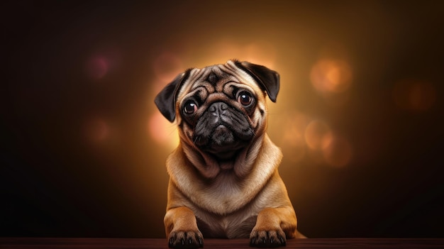 A pug dog with a brown background and a yellow light behind it.