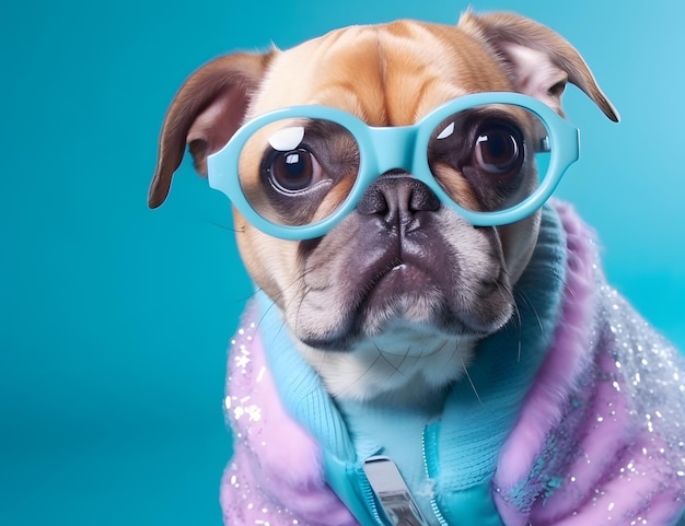 Pug dog with fashionable dressing wearing eyeglasses