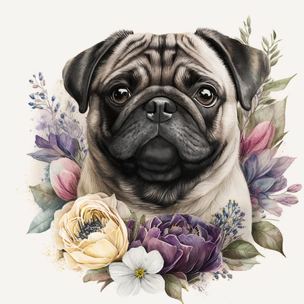 A pug dog with in flowers