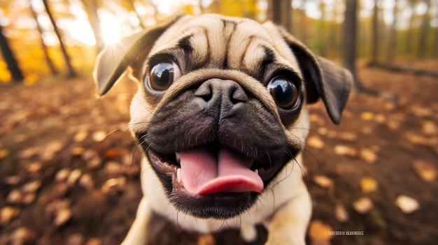 A pug dog with his tongue out is smiling
