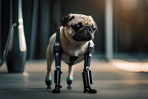 Foto un cane carlino con gambe protesiche cammina per strada.