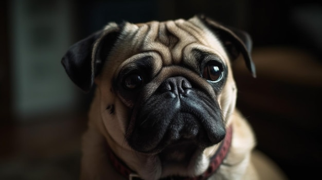 A pug dog with a red collar and a red collar.